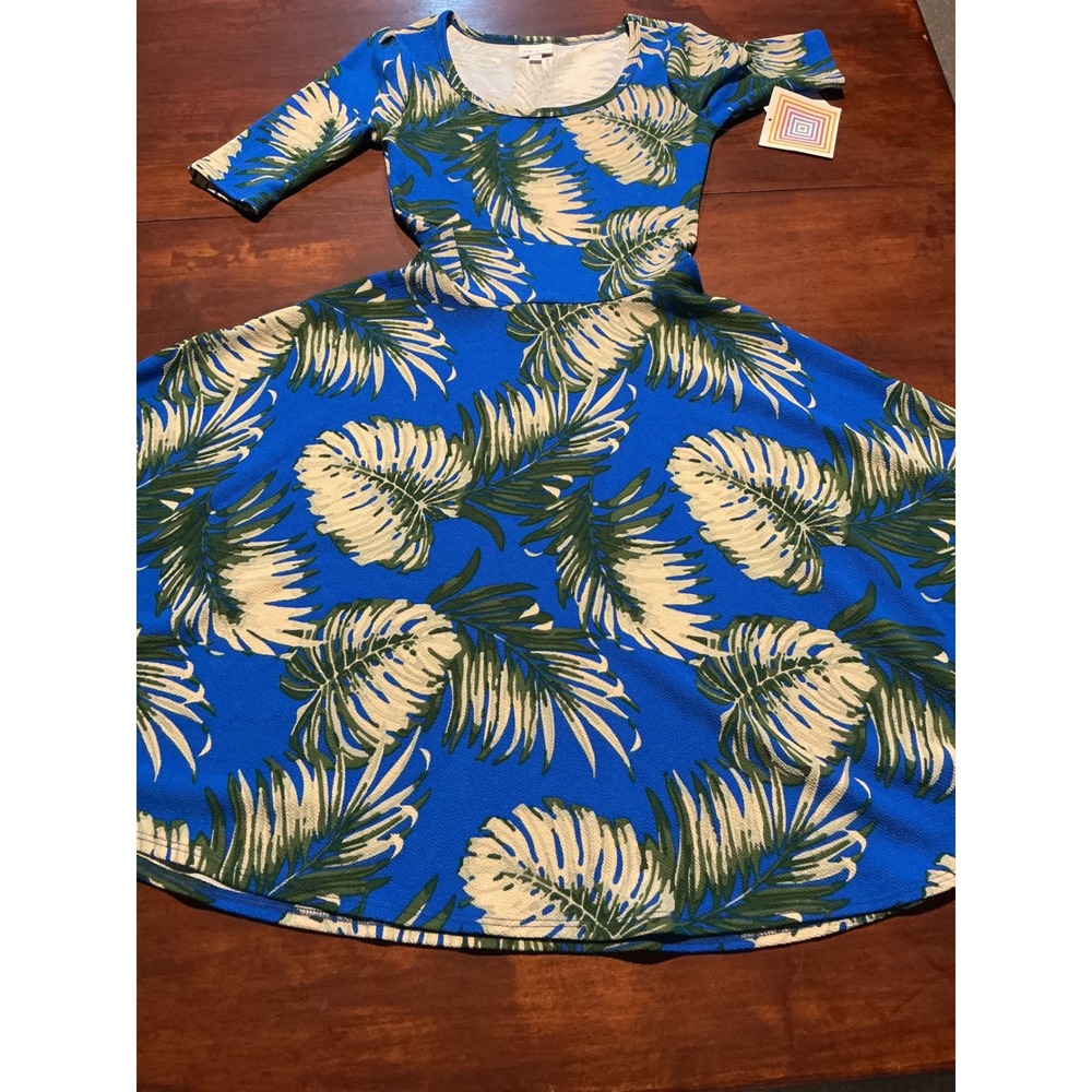 LuLaRoe Nicole Dress XXS Blue Tropical Palm Leaf Elbow Sleeve Fit Flare NEW